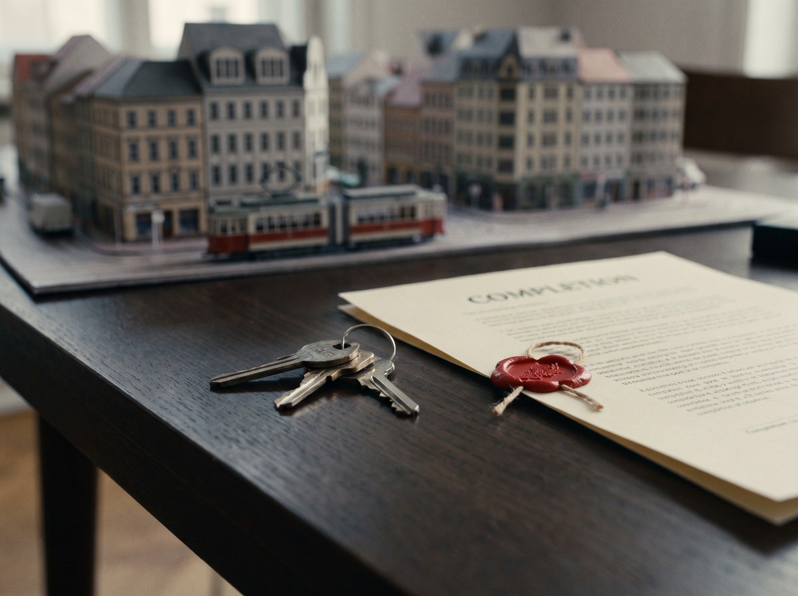 Keys and a completion certificate beside a development model